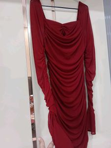 Burgundy Mesh Long Sleeve Dress