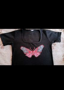 Glitsy Graphic Printed Deep- Neck Top