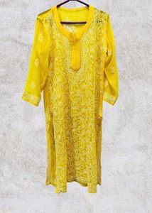 Yellow Chikankari kurti with lining