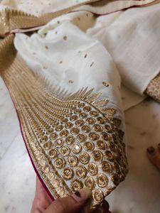Elegant White &amp; Gold Embroidered Saree Need Dry Cl