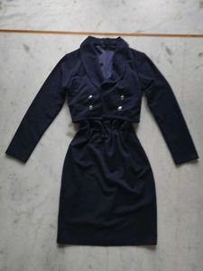Navy Blue Bodycon Dress And Cropped Blazer Set
