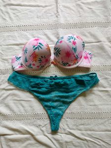 Floral Bra &amp; Teal Lace Thong Set