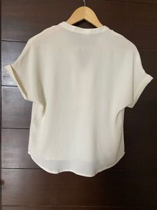 Cream V-Neck Short Sleeve Top (S)