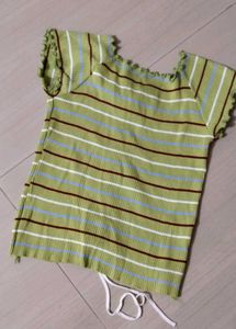 Green Striped Crop Top with Adjustable Drawstring