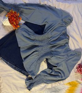 Greyish Blue Bardot Top . NEW WITHOUT PRICE TAG