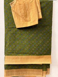 Olive Green PrintedCotton Saree