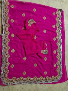 Pink Mirror 🪞 Work Saree With Blouse 🔥