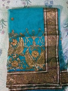 Teal & Gold Embroidered Saree