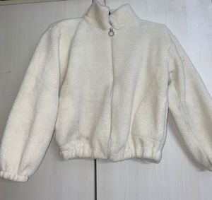 White Fur High Neck Front Zipper Jacket