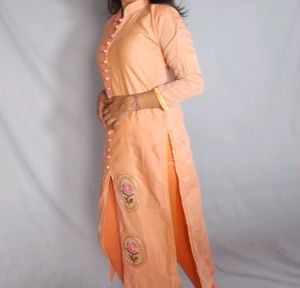 Price Drop!!!! Peach Color Partywear Full Suit With Dupatta