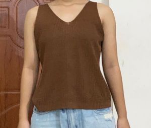 Brown Ribbed Knit Tank Top