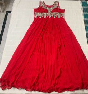 Red Flared Gown/Dress With Heavy Embroidery
