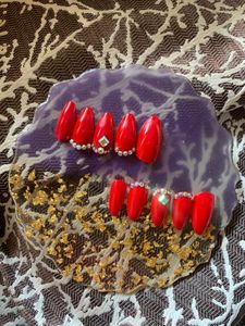Red Rhinestones Press On Nails