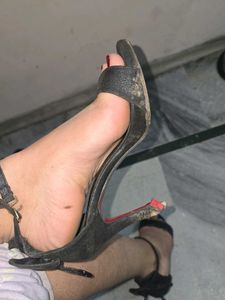 fancy used black high heels with bow