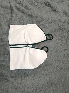 White Ribbed Zipper Crop Top