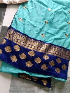 Teal &amp; Gold Sari Fabric with Blouse