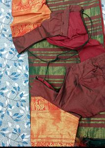 Elegant Dark Green &amp; Orange Silk Saree