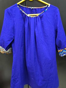 Blue Top with Patterned Trim