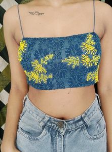 Blue Floral Beaded Crop Top