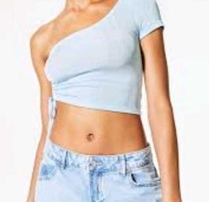 H&M One Shoulder Draw String Sky Blue Top