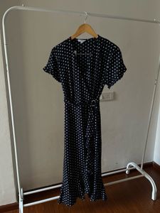 V-neck Blue Dot Wrap Cotton MIDI Dress