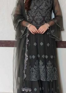 Elegant Grey Net Layered Gown