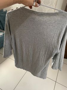Grey Ribbed Top With Shoulder Buttons