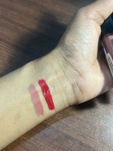 Nude and red lipsti combo
