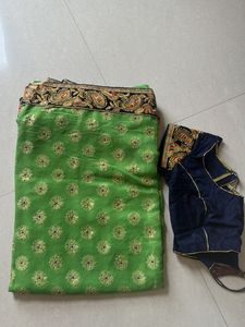 Green & Navy Embellished Sari with Blouse