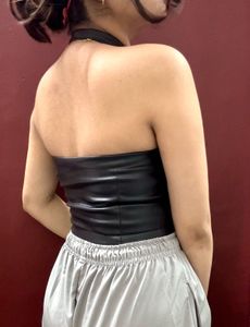 Lace-Up Faux Leather Halter Top