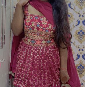 Pink Embroidered Peplum Kurti Set