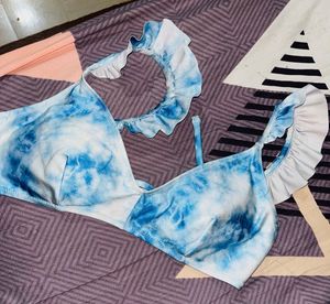 Blue Tie Dye Ruffle Bikini Top