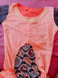 Pink And Blue Gown With 3/4 Sleeves