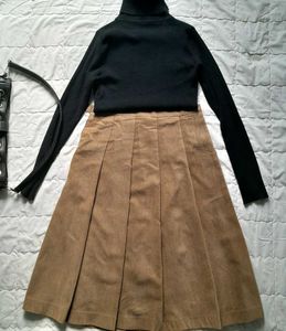 Brown Suede Velvet Pleated Skirt Light Academia