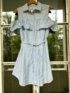 Cold Shoulder Stripy Button Down Dress