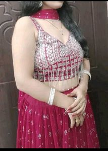 🔥 Karvachauth Offer Hot Pink Mirror Work Lahenga