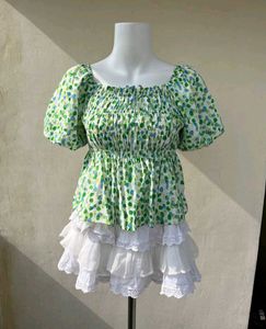 Gingham Tulle Puff Sleeve Top