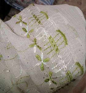 Shimmer Cream Dupatta With Green Thread Work