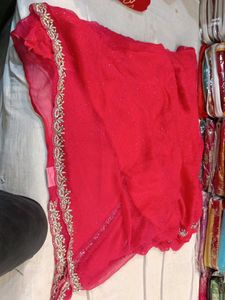 Red Saree with Silver Border