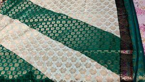 Emerald Green &amp; Cream Saree Fabric