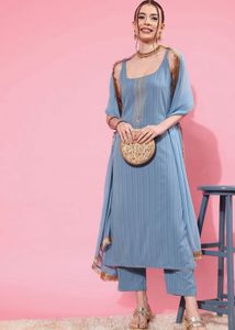 Zari Embroidery Kurti With Trousers And Dupatta
