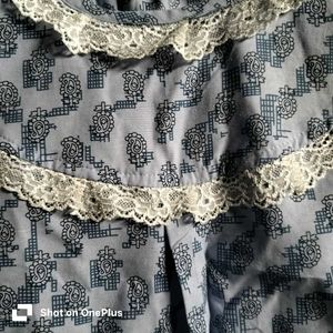 Clovia Rich cotton blue floral lace night suit