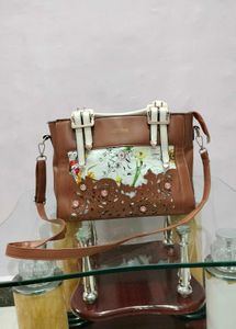 Floral-Accented Brown Satchel