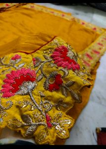 Yellow Embroidery Work Blouse With Saree 😍