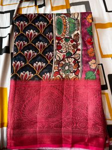Elegant Printed Saree with reddish pink blouse