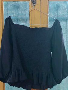Black Smocked Puff Sleeve Top