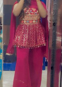 Pink Embroidered Peplum Kurti Set