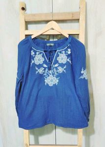 Grey Embroidery Work Cotton Top Size-40