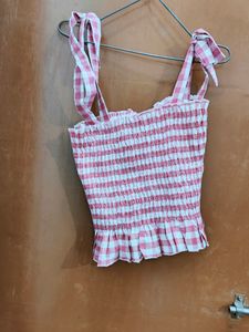 Pink Gingham Tie Strap Smocked Top