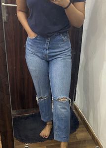 Women Mid Rise Blue Distressed Jeans